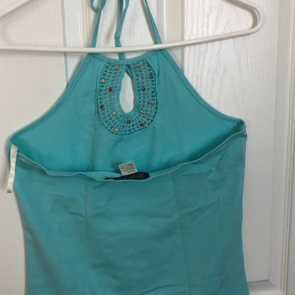 Stone Eyes summer top blue Sz L juniors , Aqua, Sun Top, Crochet, Beads Detail - Picture 2 of 6